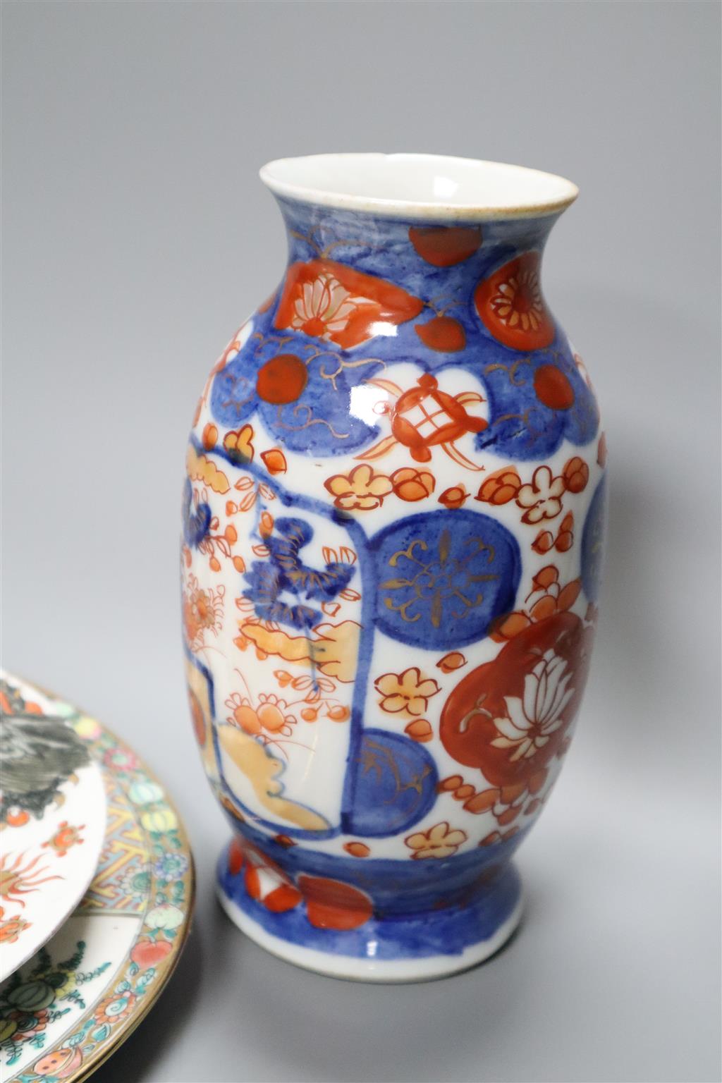 A 19th century Chinese cloisonne enamel vase, an 18th century Imari tea bowl and other Asian ceramics